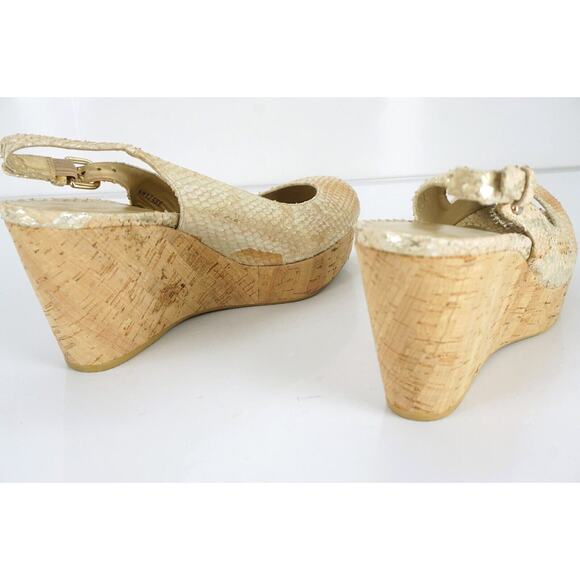 Stuart Weitzman Jean Metallic Snake Slingback Cork Wedge Heel Sandal SZ 10.5 New - Picture 8 of 11